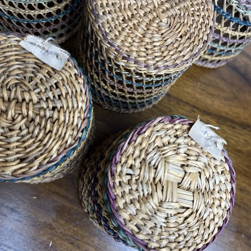 Vintage Woven Wicker Rattan Baskets Cup Glass Holder Boho Multicolor Set of 8